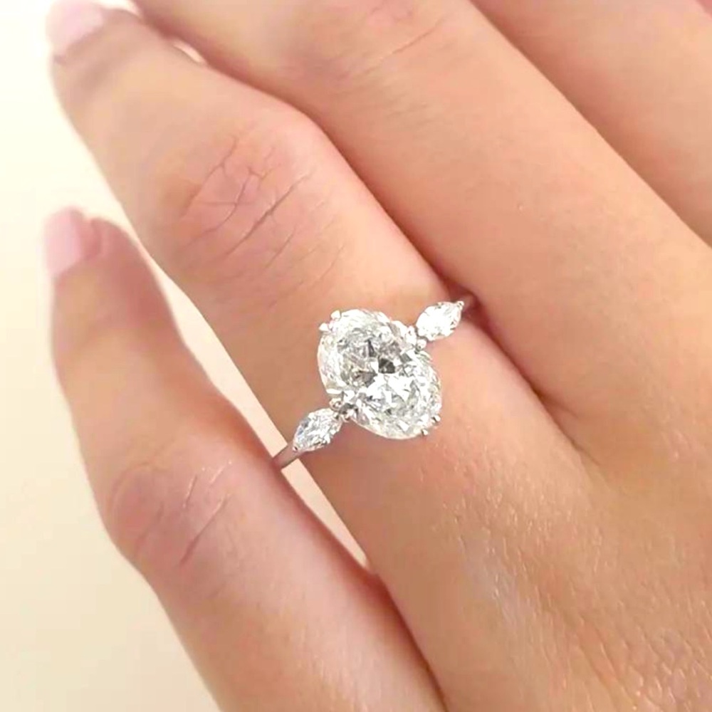 2CT Oval Cut Moissanite Ring Marquise Moissanite Diamond + 14k White Gold Ring
